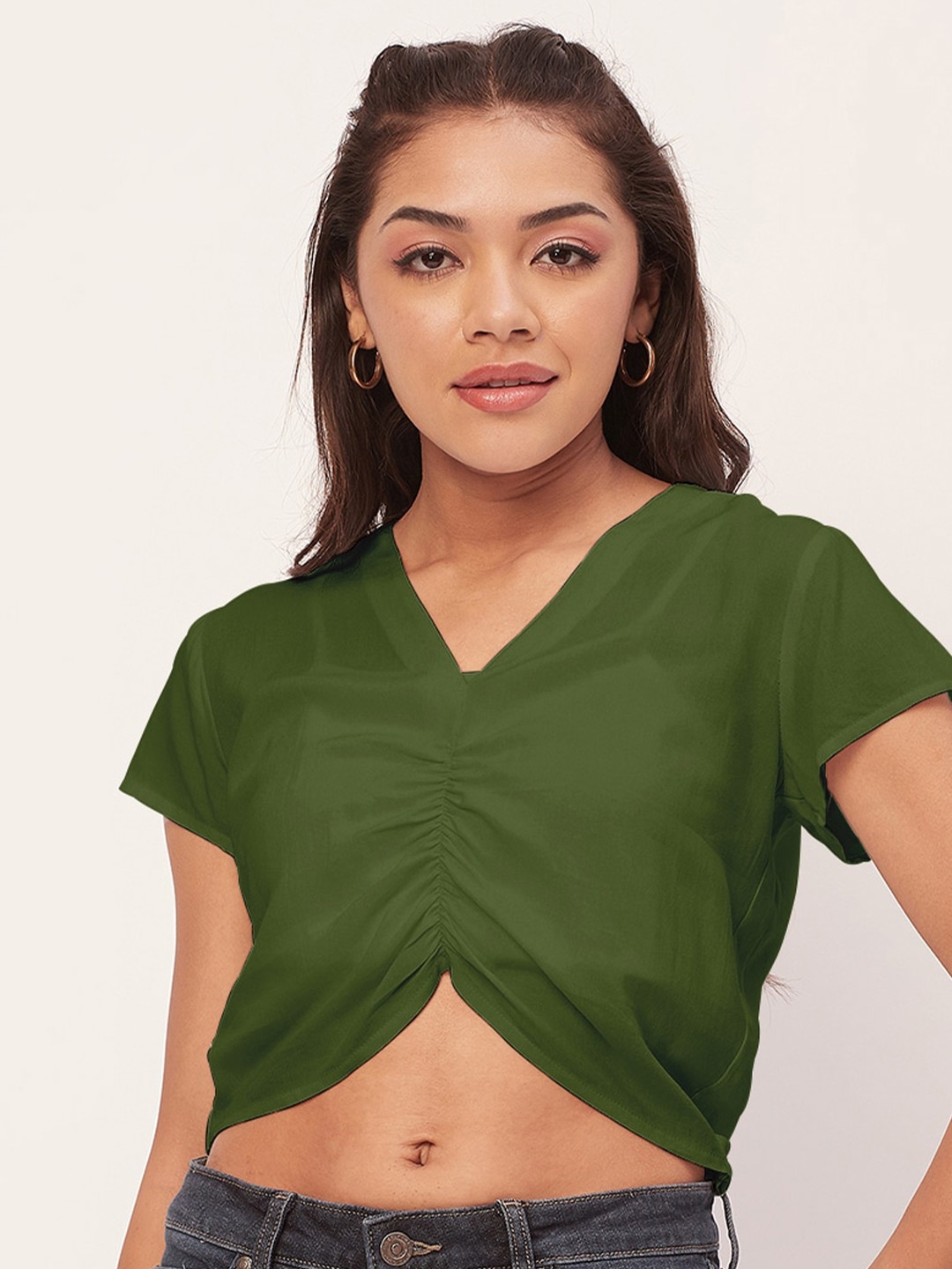 

Moomaya V-Nek Ruched Crop Top, Green