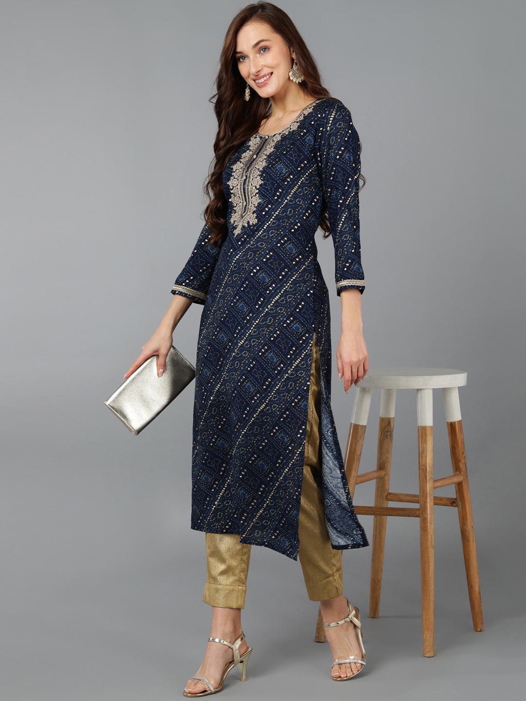 

AHIKA Ethnic Motif Printed Thread Work Straight Kurta, Navy blue