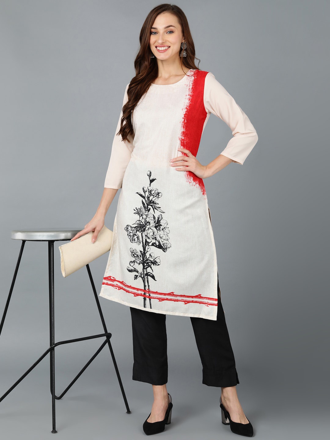 

AHIKA Floral Printed Straight Kurta, Off white