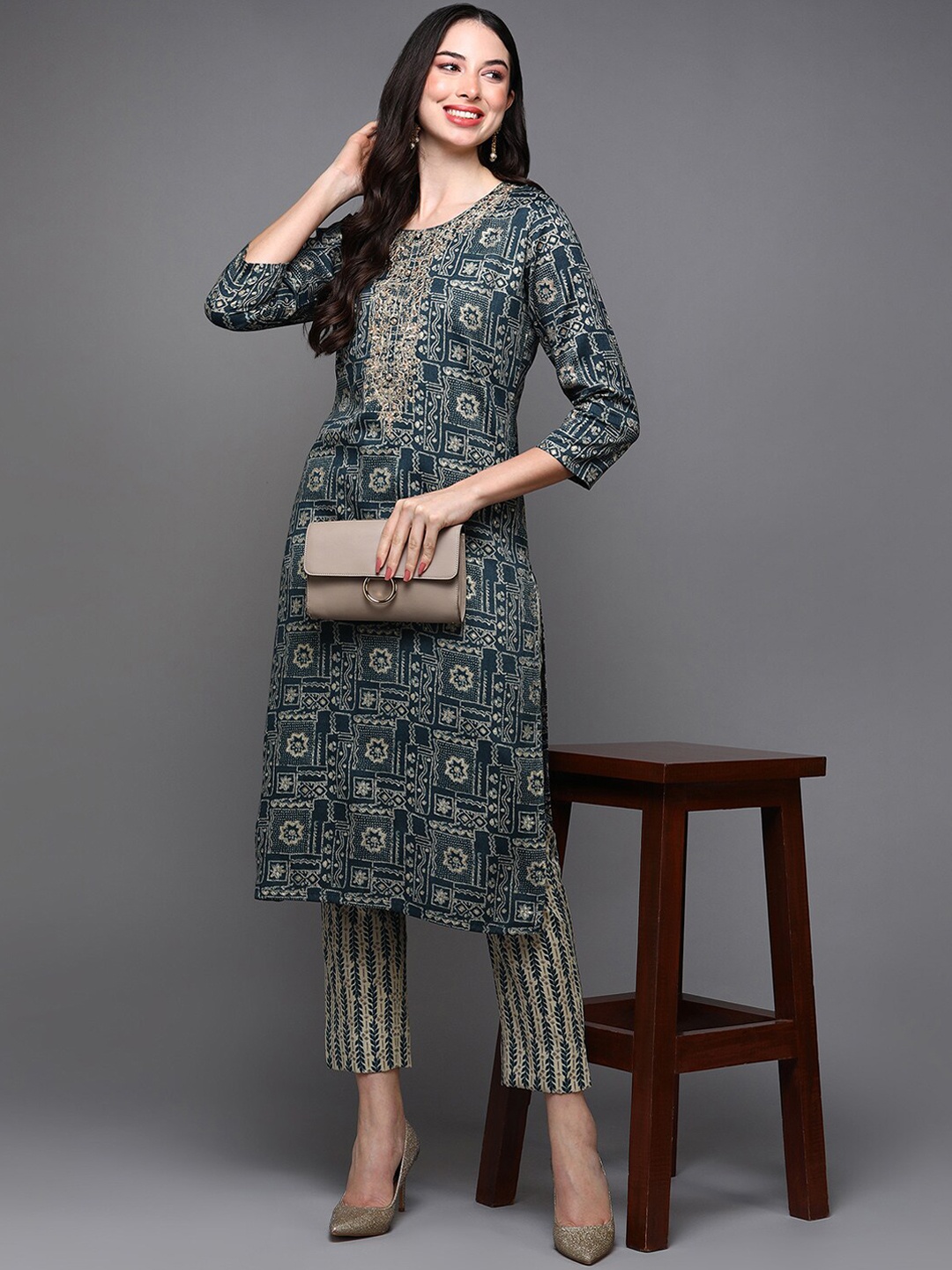 

AHIKA Navy Blue Ethnic Motifs Printed Thread Work Kurta