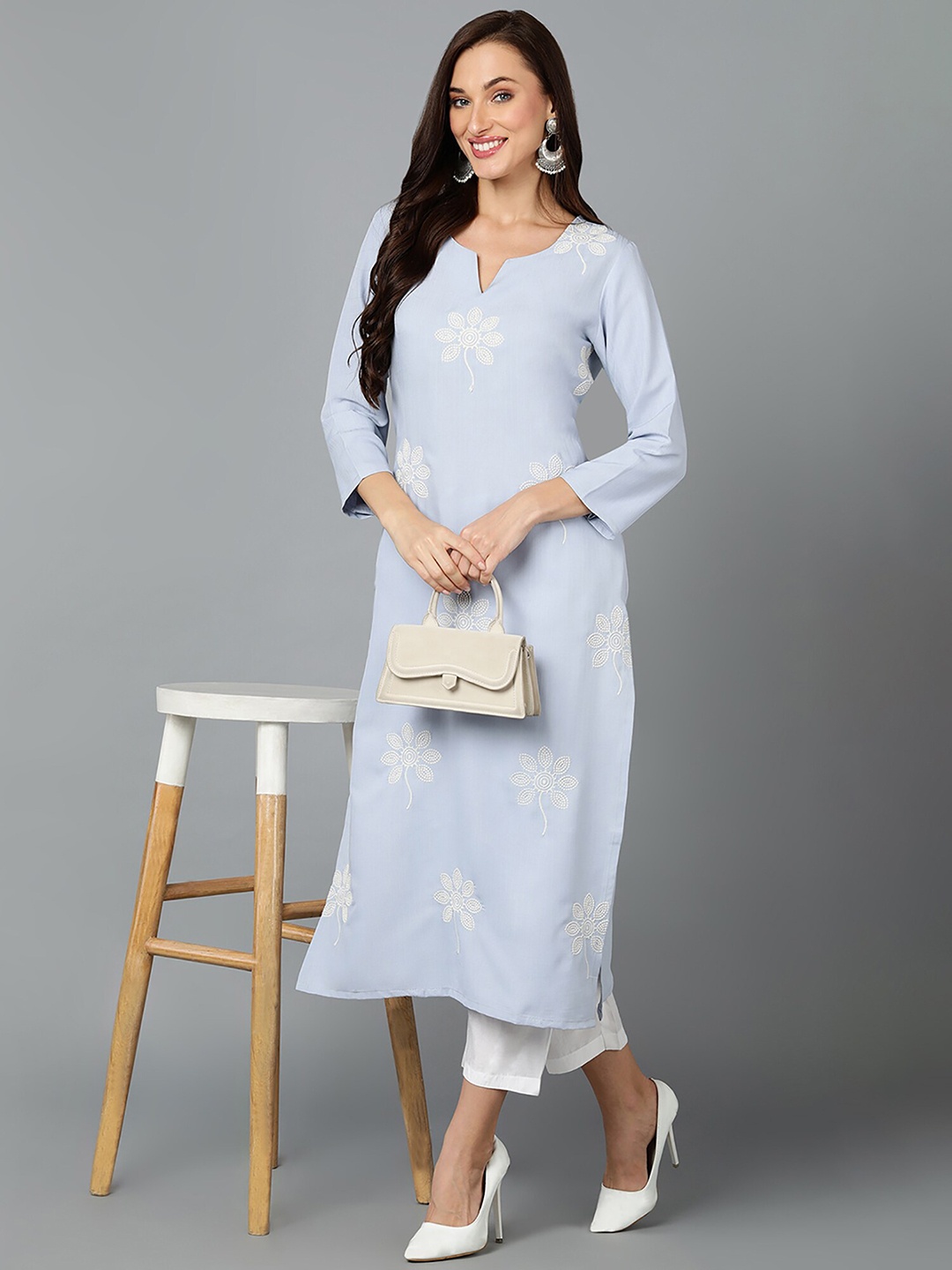 

AHIKA Floral Embroidered Straight Kurta, Blue