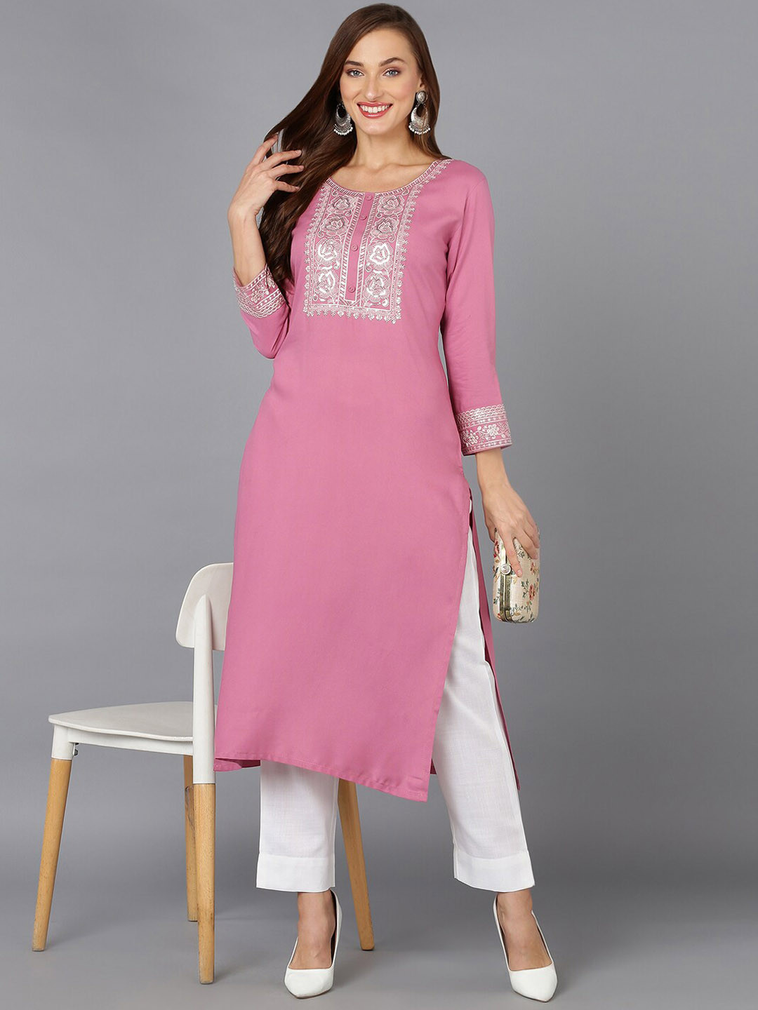 

AHIKA Pink Floral Yoke Design Thread Work Kurta