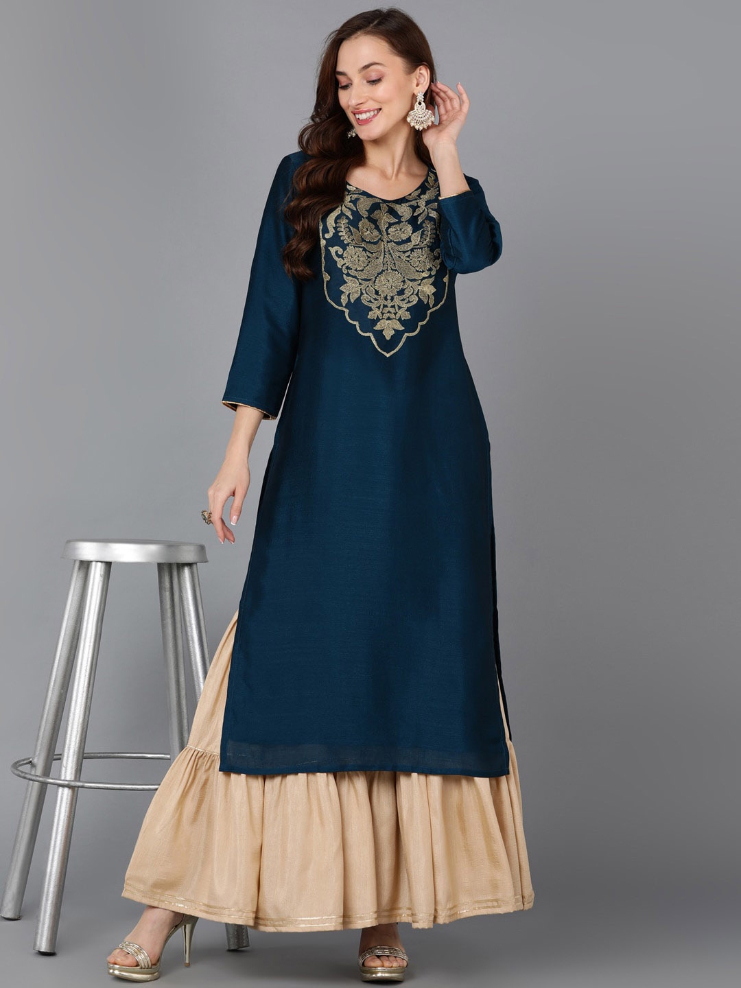 

AHIKA Yoke Design Embroidered Straight Kurta, Teal