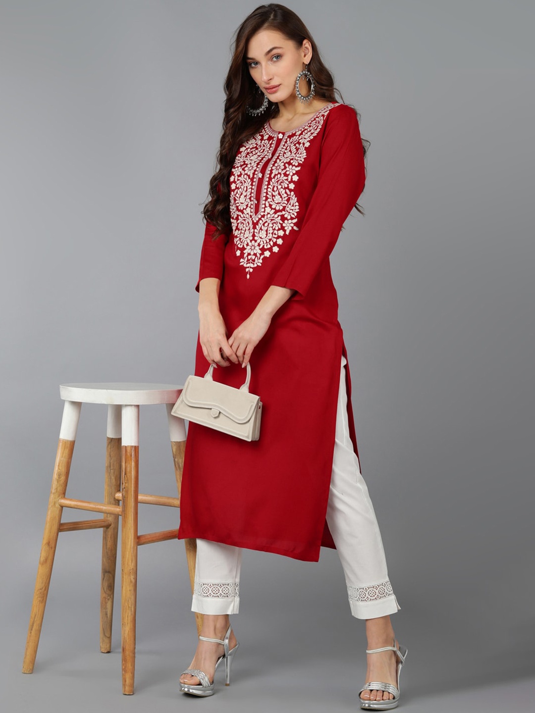 

AHIKA Yoke Design Sequinned Embroidered Kurta, Red