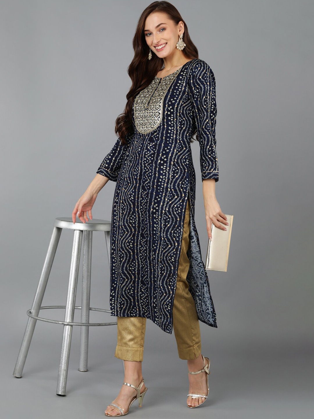 

AHIKA Bandhani Printed Sequinned A-Line Kurta, Navy blue