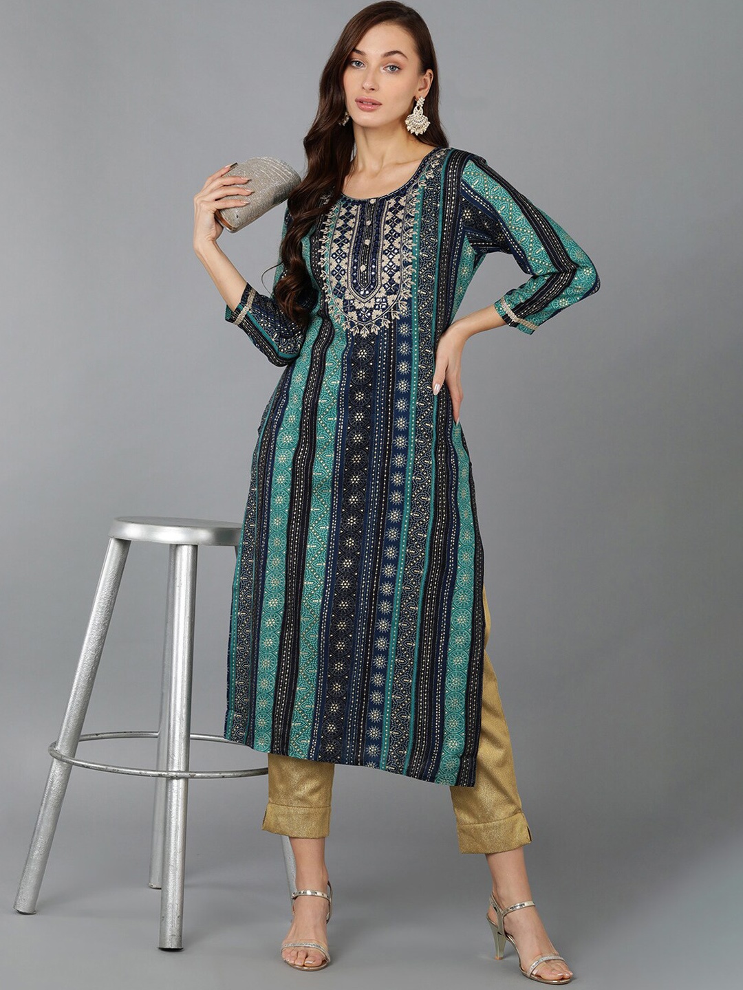 

AHIKA Bandhani Printed Sequinned A-Line Kurta, Navy blue