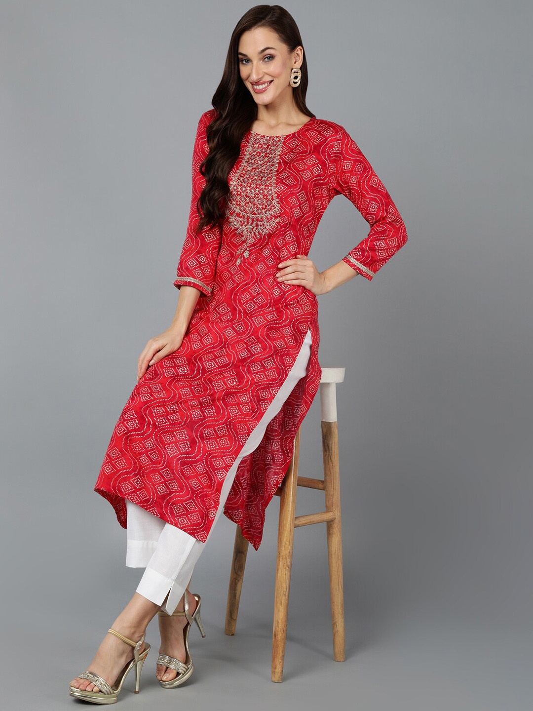 

AHIKA Bandhani Printed Straight Kurta, Red