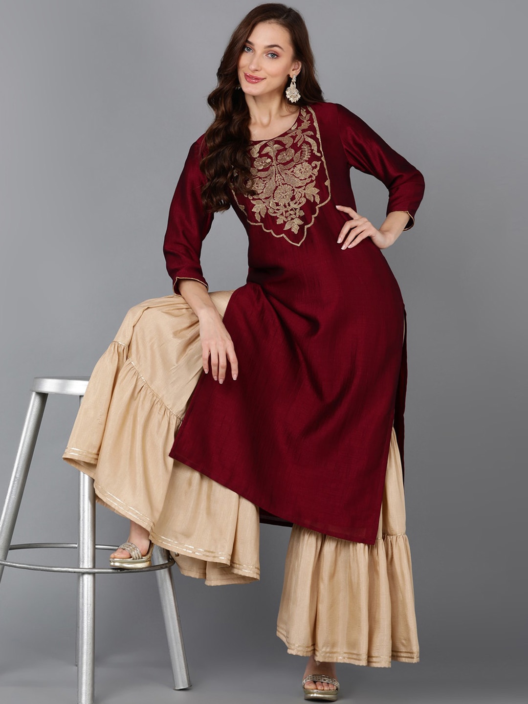 

AHIKA Floral Yoke Design Kurta, Maroon