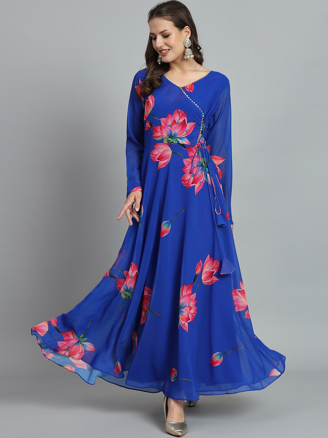 

KALINI Floral Printed V-Neck Maxi Gown Ethnic Dresses, Blue