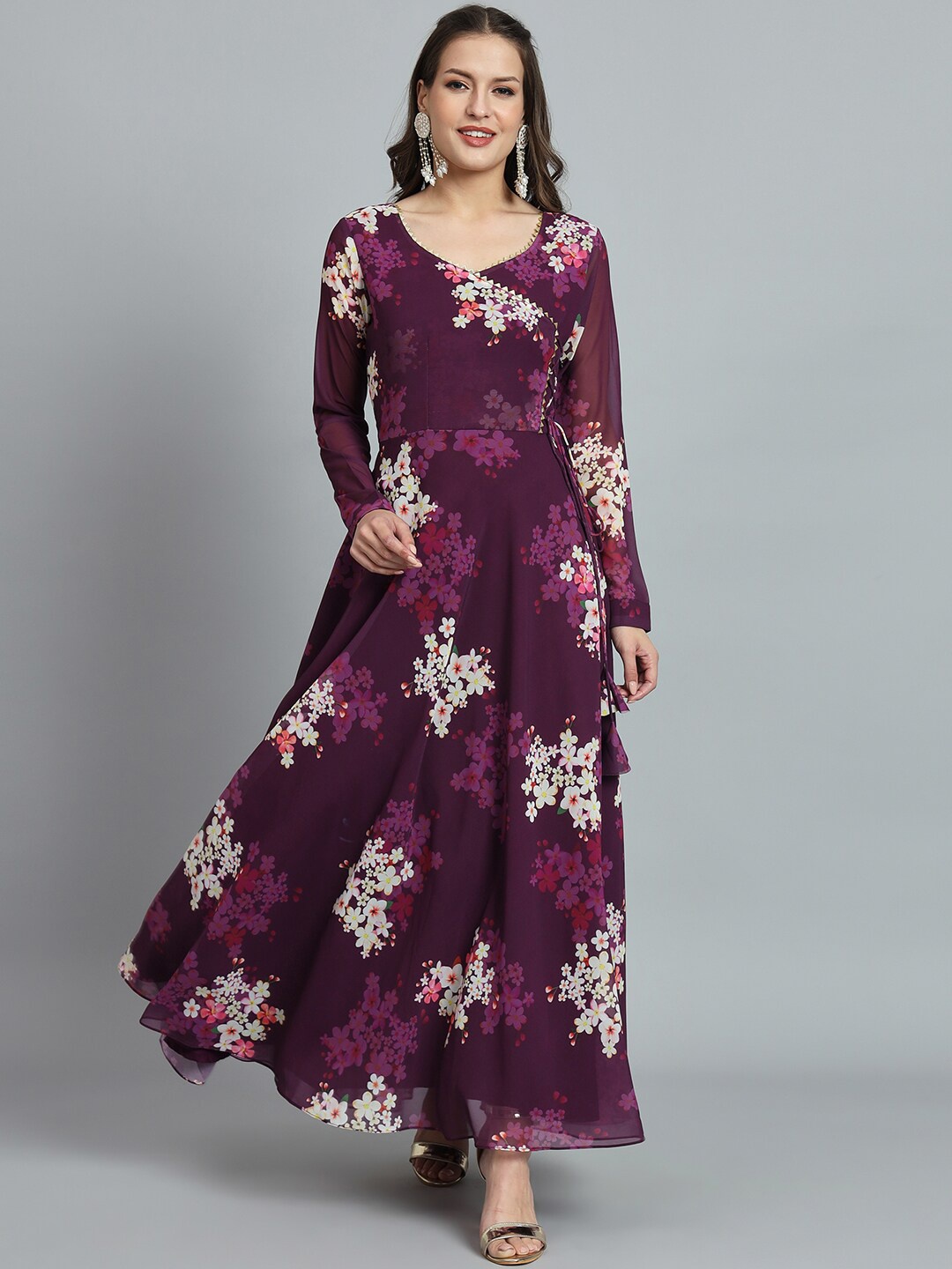 

KALINI Floral Printed Fit & Flare Maxi Georgette Ethnic Dresses, Purple