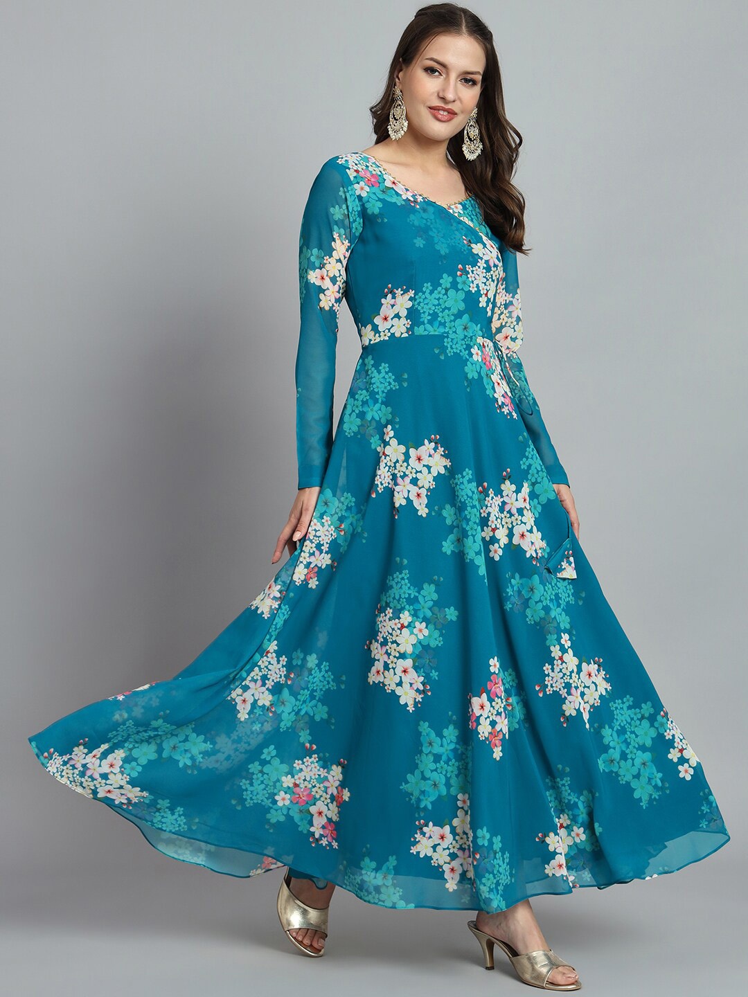 

KALINI Floral Printed V-Neck Georgette Gotta Patti & Tie-Up Maxi Ethnic Dress, Blue