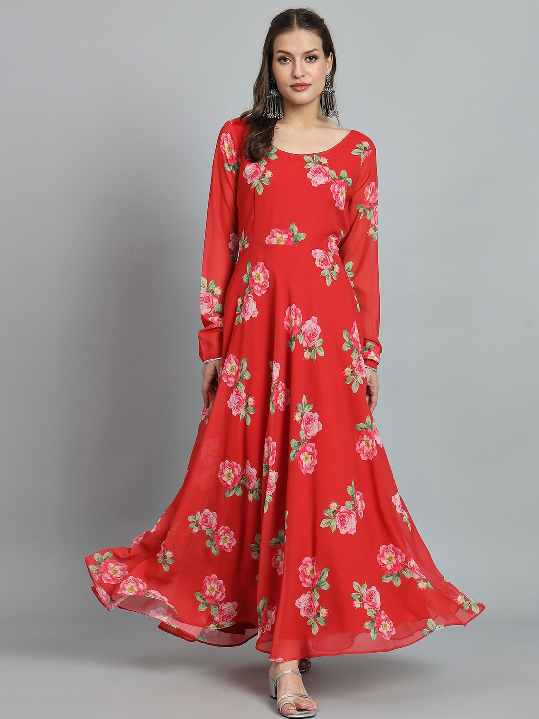 

KALINI Floral Printed Fit & Flare Maxi Georgette Gown Ethnic Dresses, Red