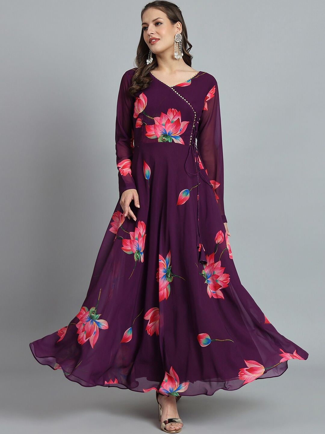 

KALINI Floral Printed Fit & Flare Maxi Georgette Ethnic Dresses, Purple