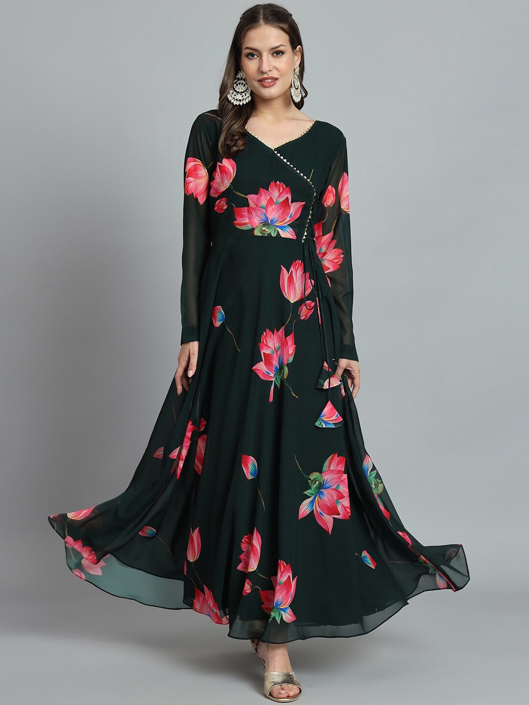 

KALINI Floral Printed V-Neck Georgette Gotta Patti & Tie-Up Maxi Ethnic Dress, Green