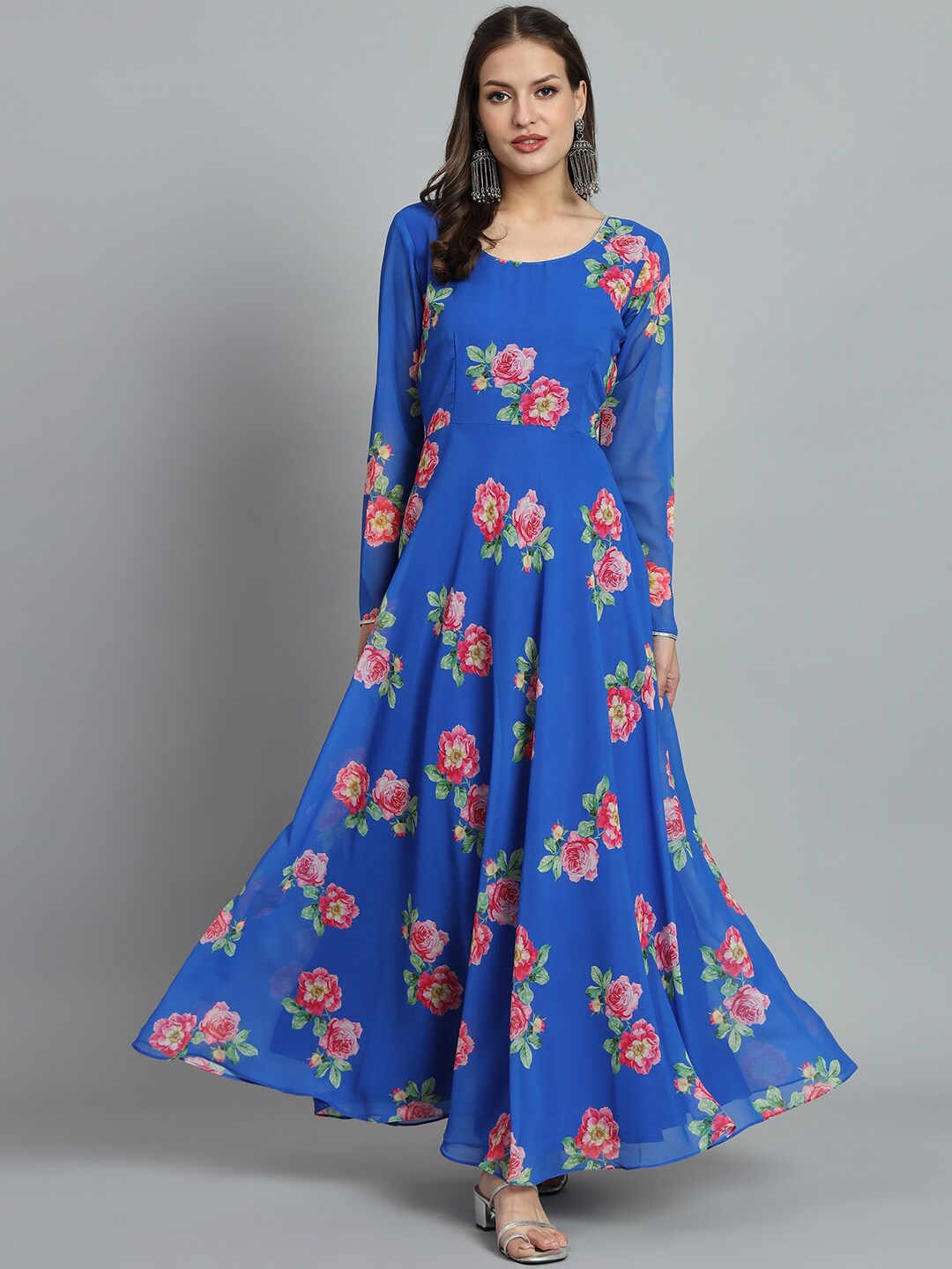 

KALINI Floral Printed Round Neck Georgette Gotta Patti & Tie-Up Maxi Dress, Blue