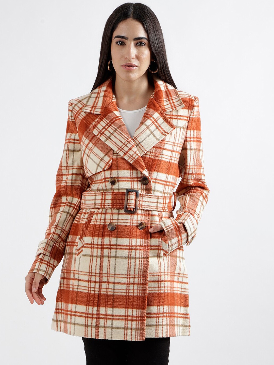

ELLE Checked Notched Lapel Collar Double-Breasted Hip Length Overcoat, Rust