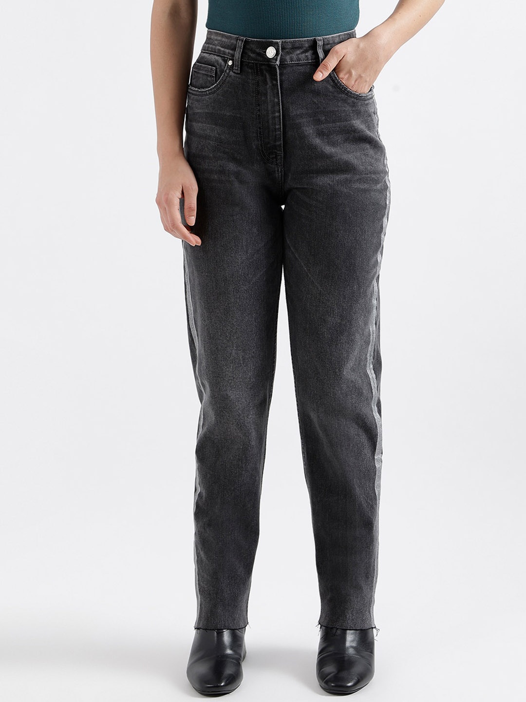 

ELLE Women Straight Fit Clean Look Light Fade with Side Stripe Stretchable Jeans, Grey