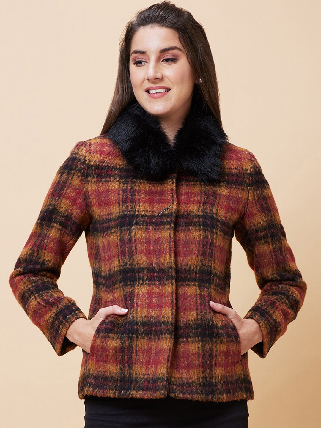 

Globus Red Checked Spread Collar Single-Breasted Faux Fur Trim Overcoat