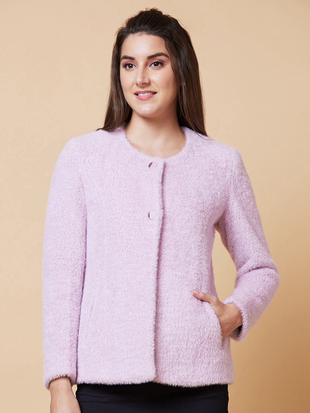 

Globus Mauve Mock Collar Faux Fur Trim Single-Breasted Overcoat