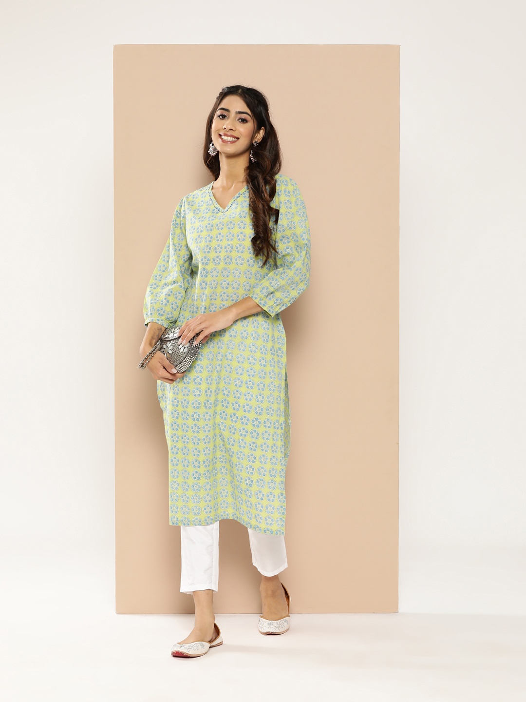 

HERE&NOW Floral Printed Kantha Work Pure Cotton Kurta, Green