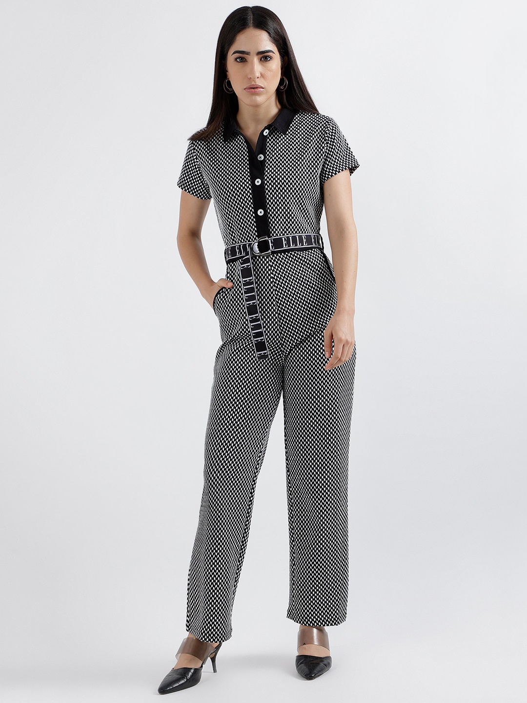 

ELLE Self Design Shirt Collar Basic Jumpsuit, Black