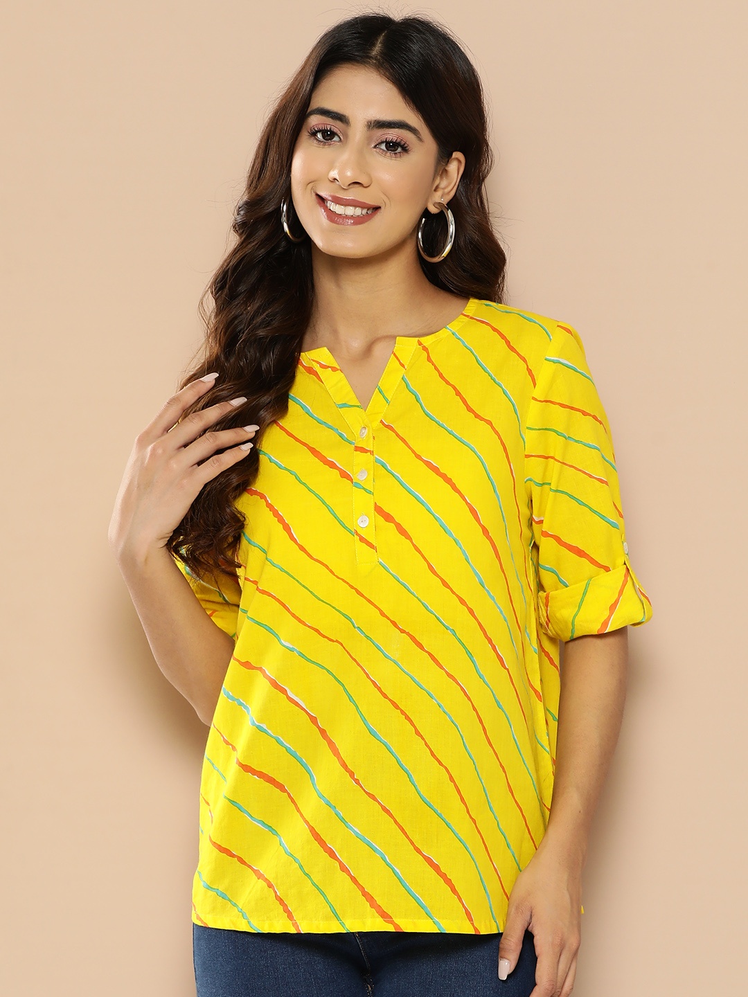 

HERE&NOW Striped Mandarin Collar Roll-Up Sleeves Cotton Top, Yellow