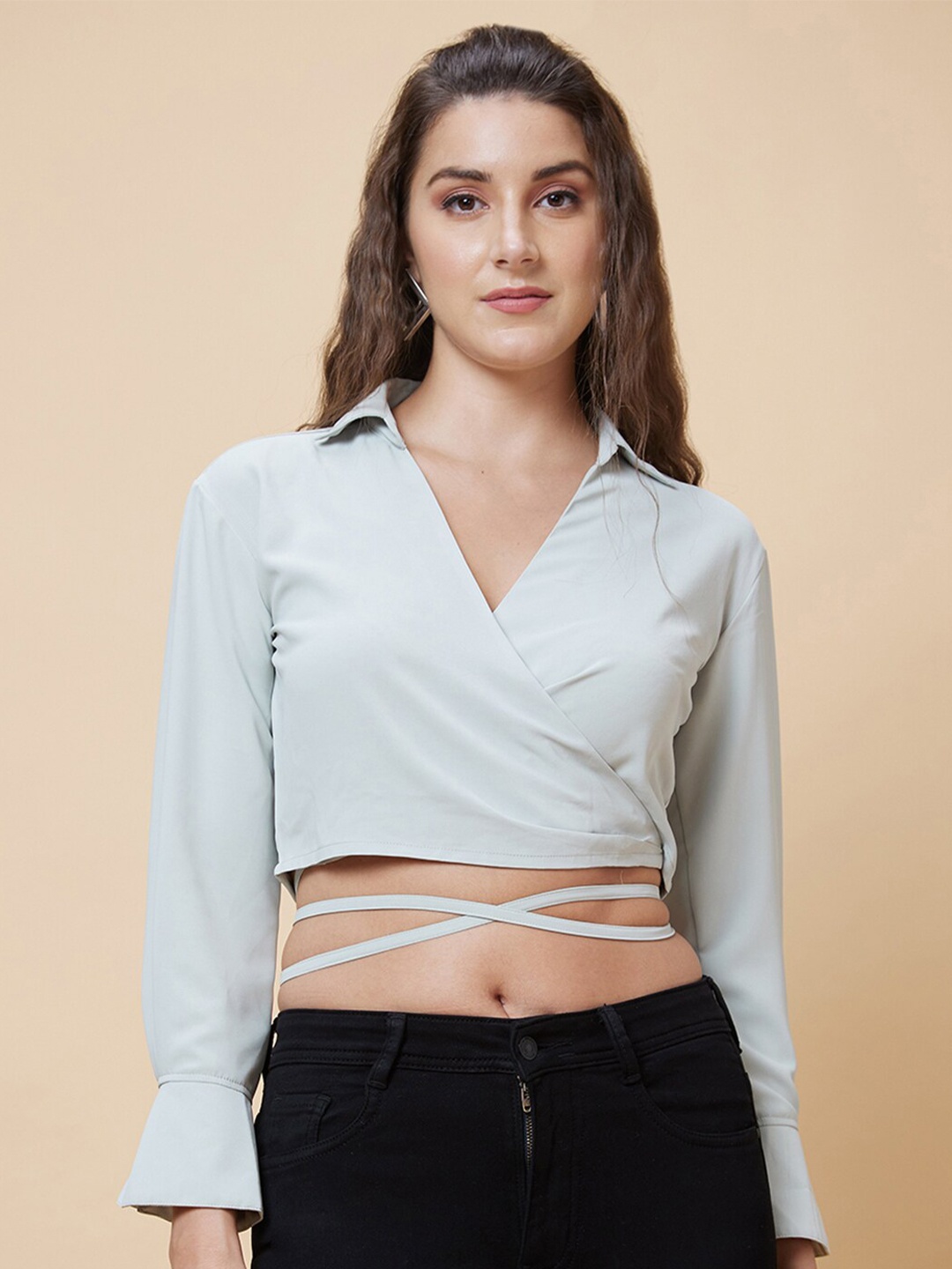 

Globus Shirt Collar Waist Tie-Up Wrap Crop Top, Green