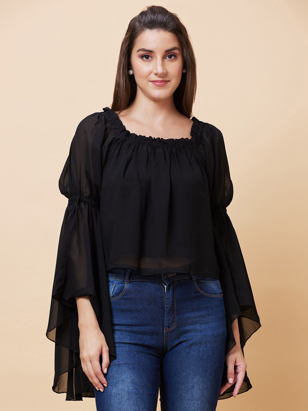 

Globus Bell Sleeves Gathered Square Neck Georgette Top, Black