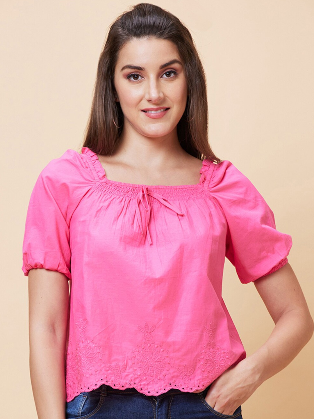 

Globus Embroidered Puff Sleeves Square Neck Schiffli Square Neck Smocked Pure Cotton Top, Pink