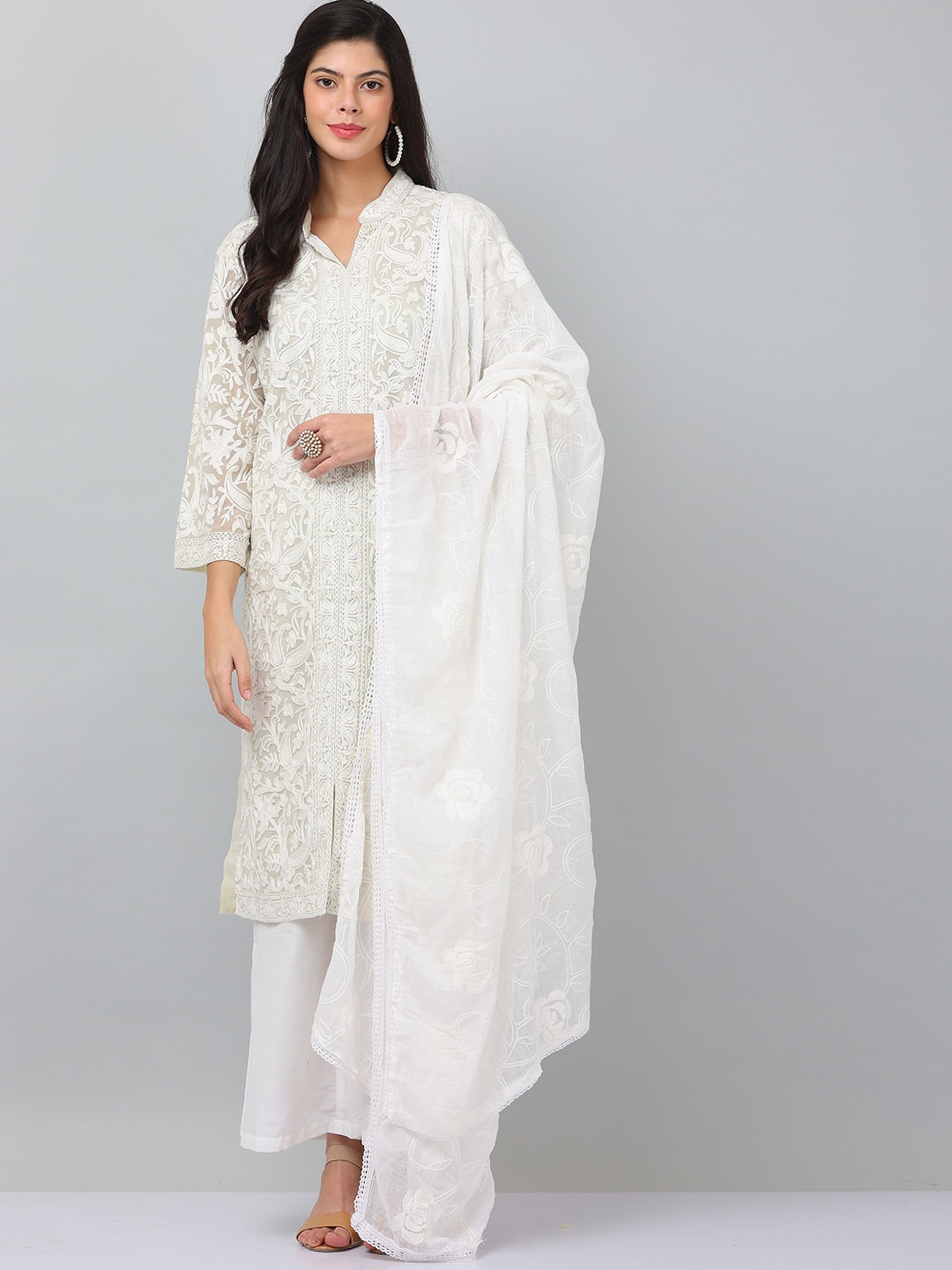 

KAANCHIE NANGGIA Floral Embroidered Kurta & Palazzos With Dupatta, Cream