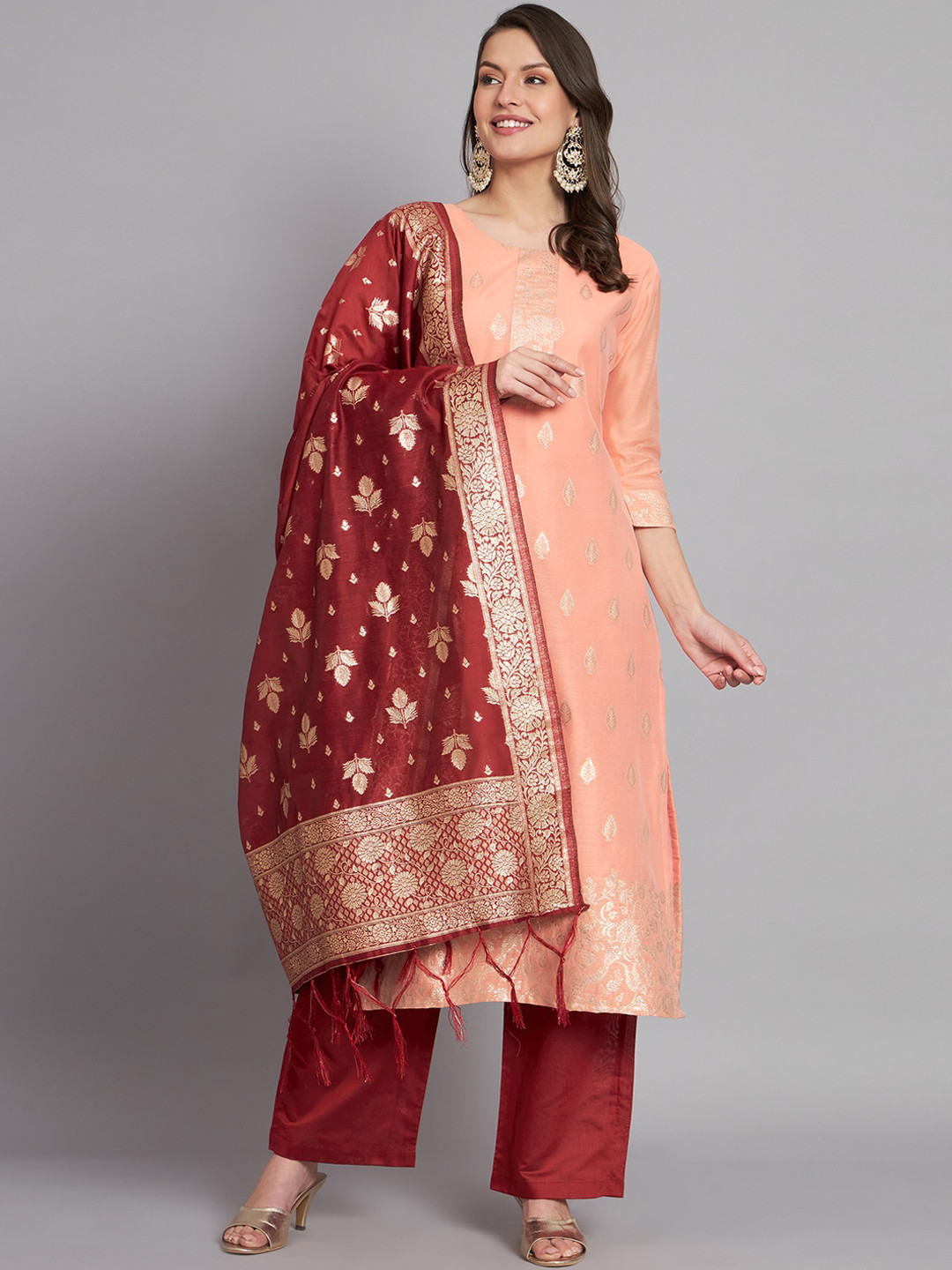 

KALINI Ethnic Motifs Woven Design Chanderi Silk Kurta with Trousers & Dupatta, Peach