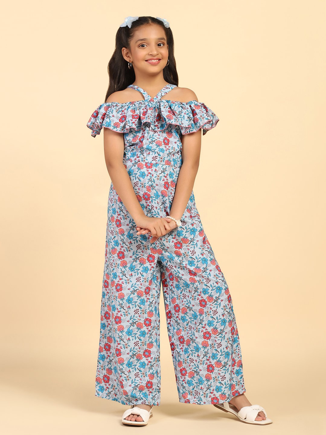 

FASHION DREAM Girls Floral Printed Basic Jumpsuit With Ruffles, Blue