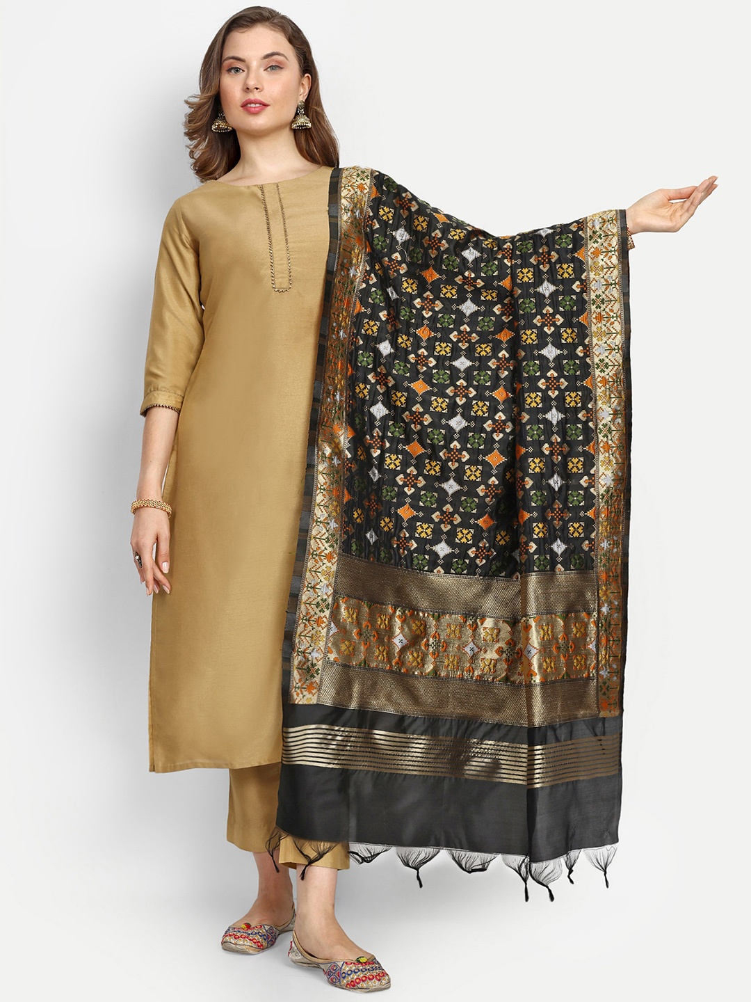 

ESCORA Ethnic Motifs Woven Design Zari Dupatta, Black