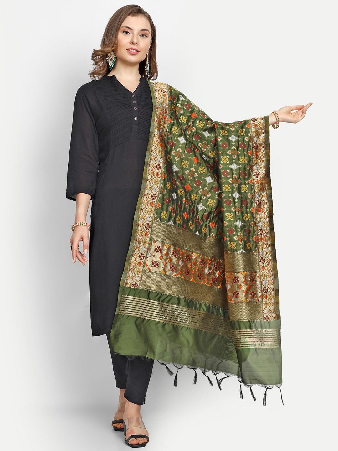 

ESCORA Ethnic Motifs Woven Design Zari Dupatta, Olive