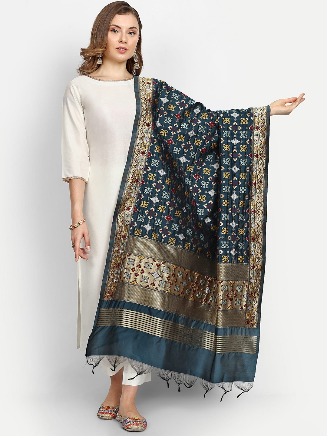 

ESCORA Ethnic Motifs Woven Design Zari Dupatta, Teal