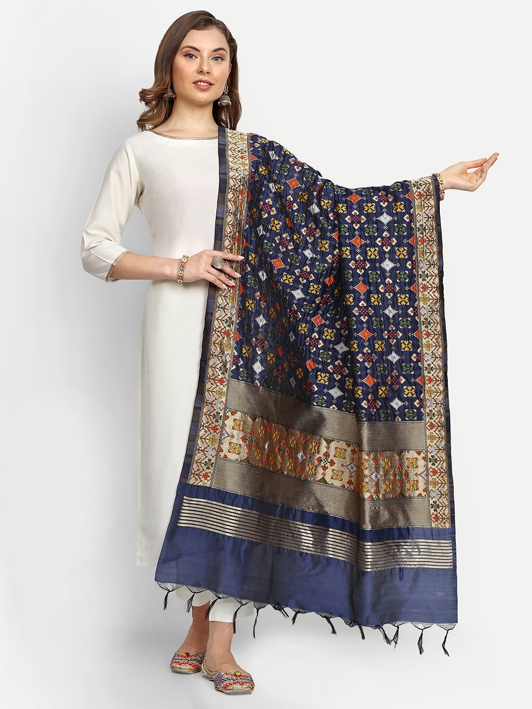 

ESCORA Ethnic Motifs Woven Design Zari Dupatta, Navy blue