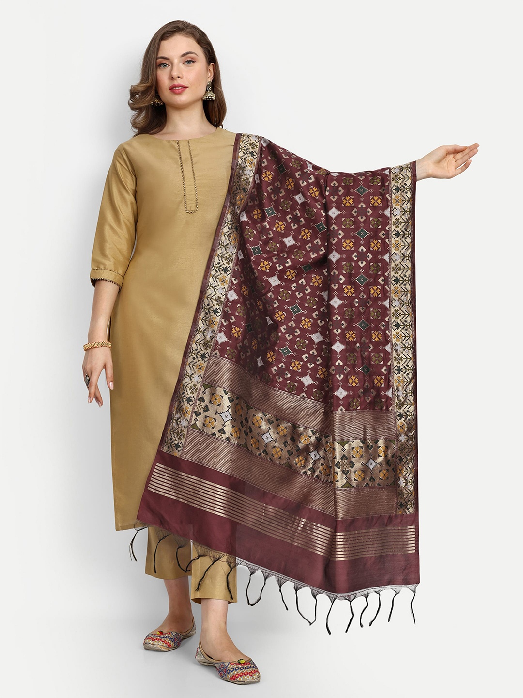 

ESCORA Ethnic Motifs Woven Design Zari Dupatta, Maroon