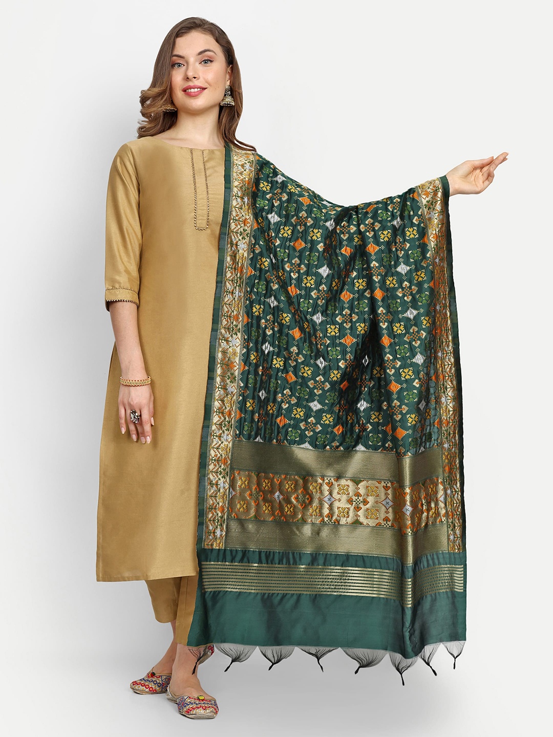 

ESCORA Ethnic Motifs Woven Design Zari Dupatta, Green