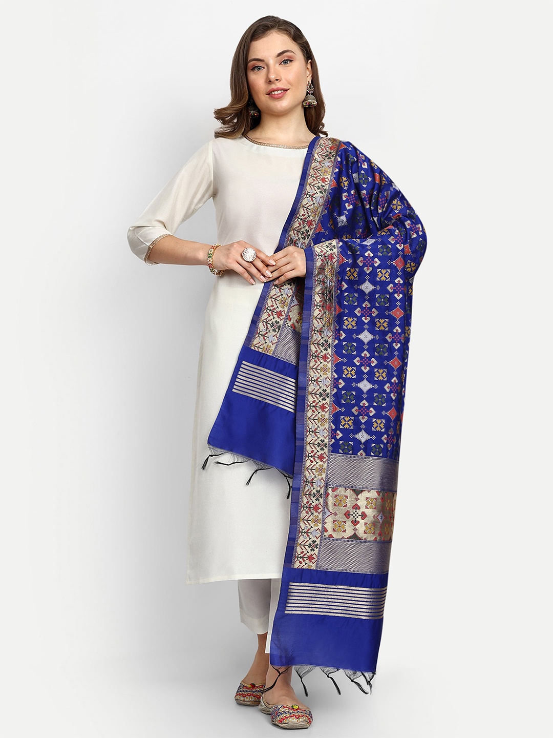 

ESCORA Ethnic Motifs Woven Design Zari Dupatta, Blue
