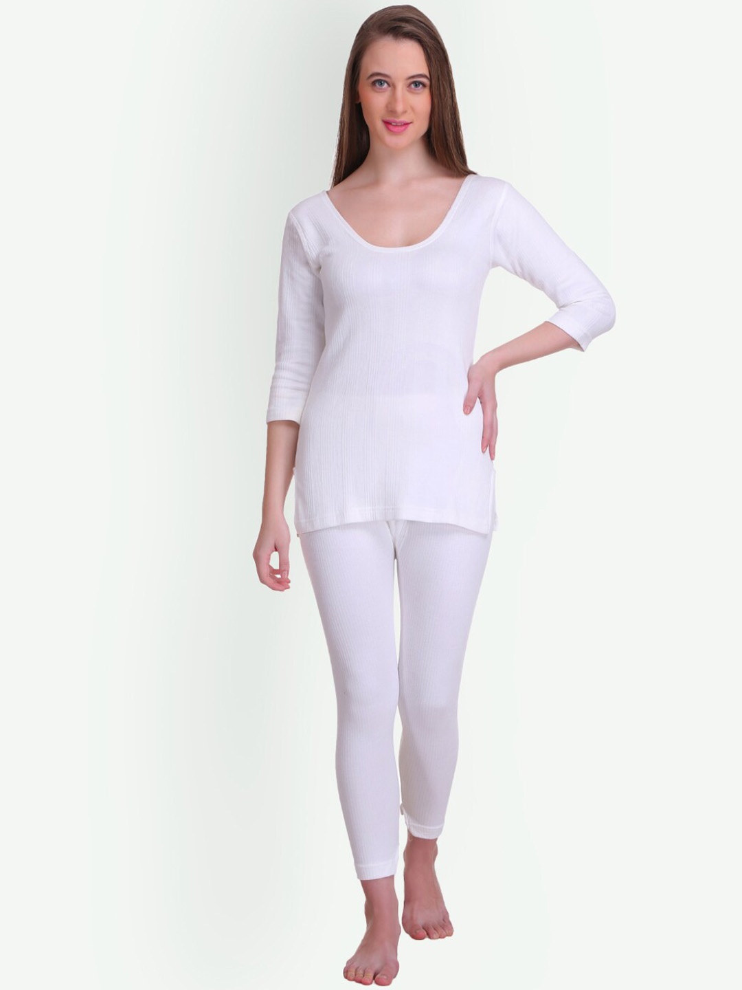

T.T. Elite Ribbed Round Neck Thermal Set, White