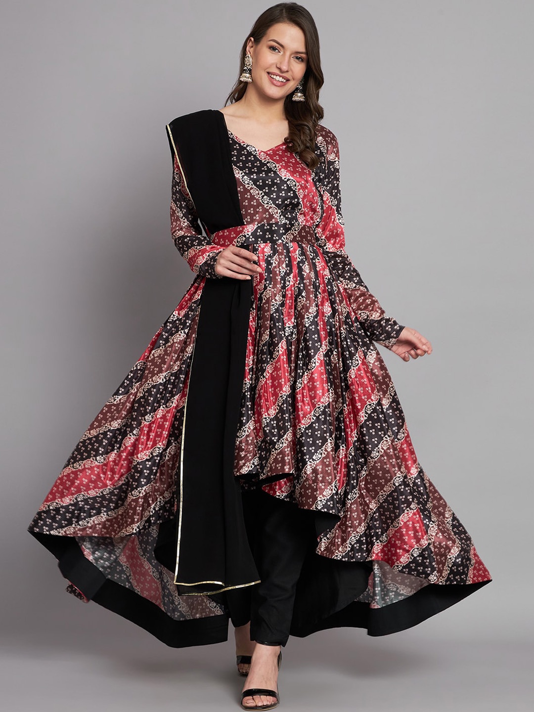 

KALINI Printed Fit-Flared High-Low Gown With Dupatta, Black