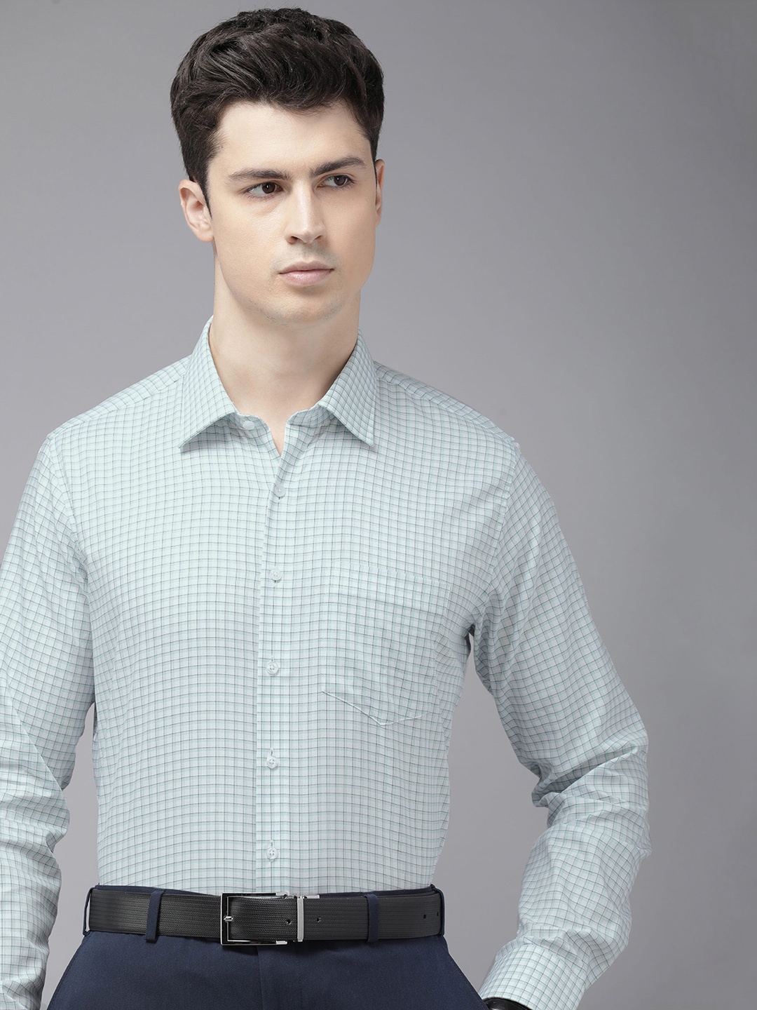 

Van Heusen Slim Fit Checked Pure Cotton Formal Shirt, Green
