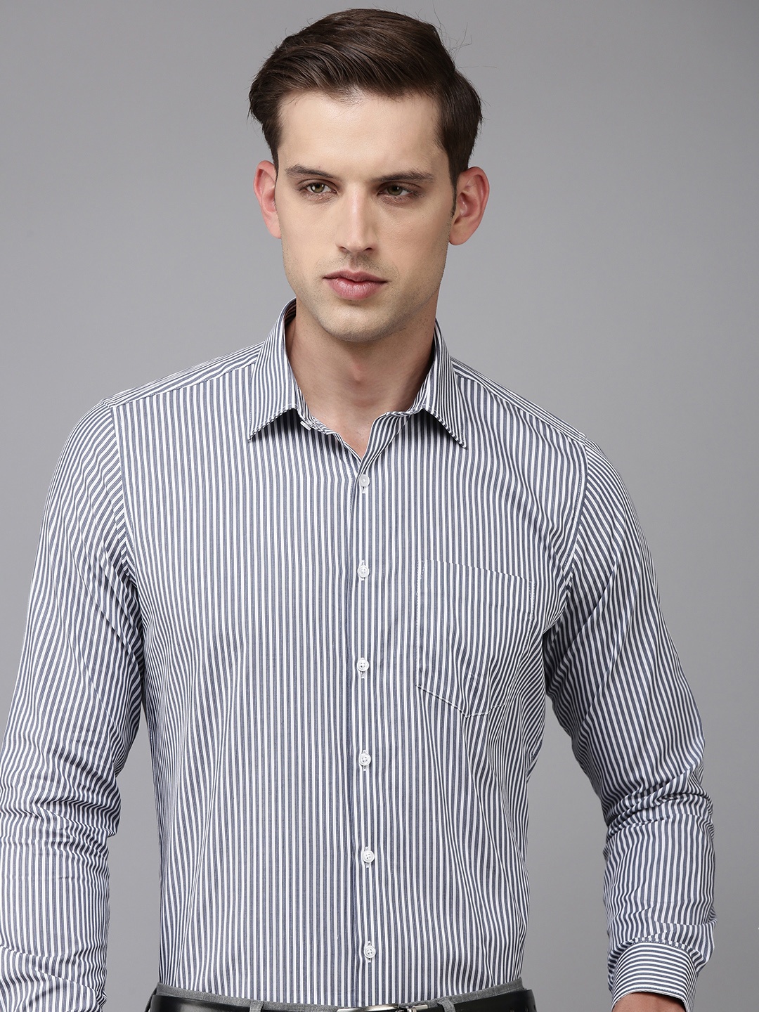 

Van Heusen Pure Cotton Slim Fit Opaque Striped Formal Shirt, Grey