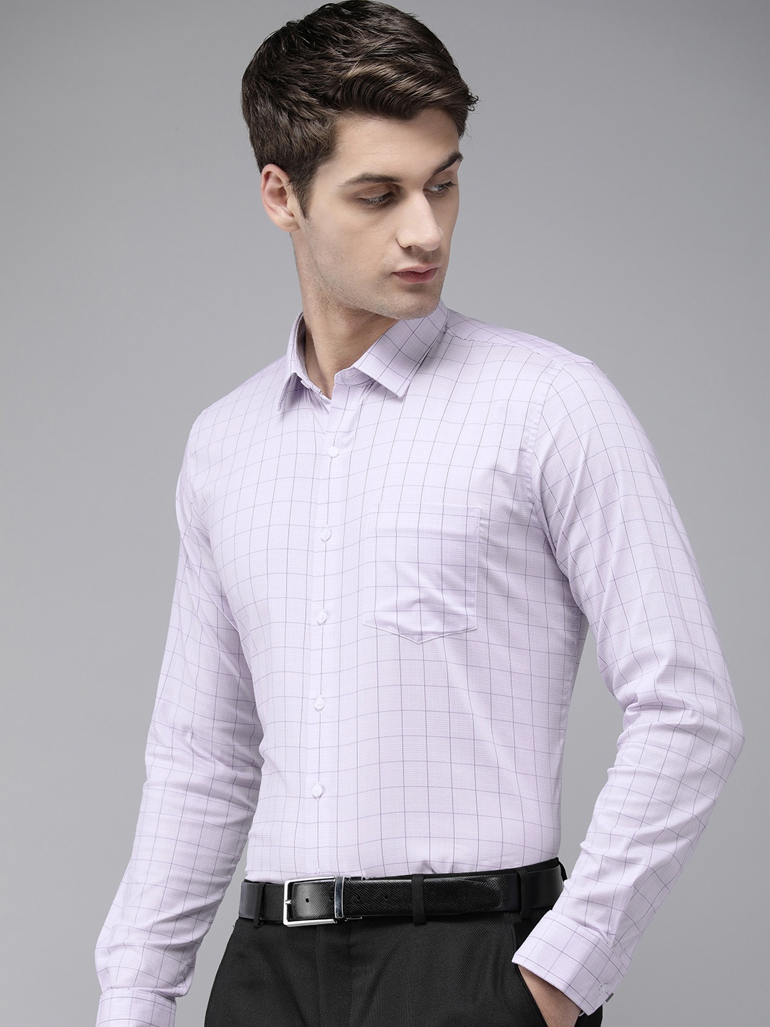 

Van Heusen Men Slim Fit Grid Tattersall Checks Pure Cotton Formal Shirt, Lavender