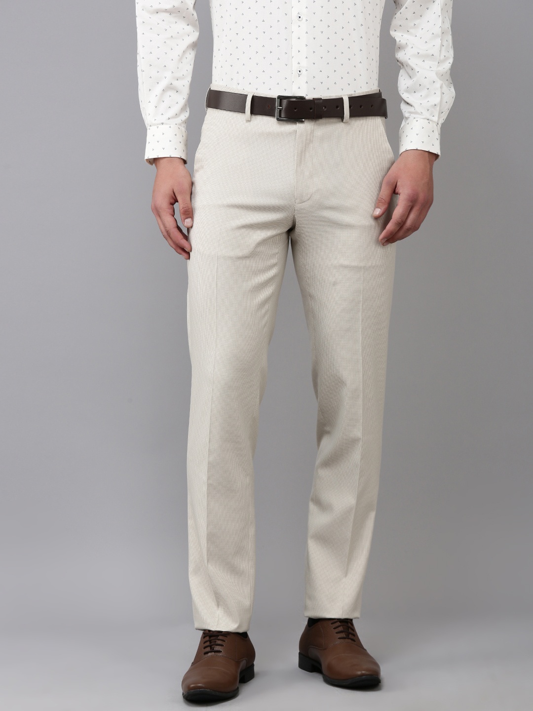 

Van Heusen Men Mid-Rise Checked Slim Fit Trousers, Beige