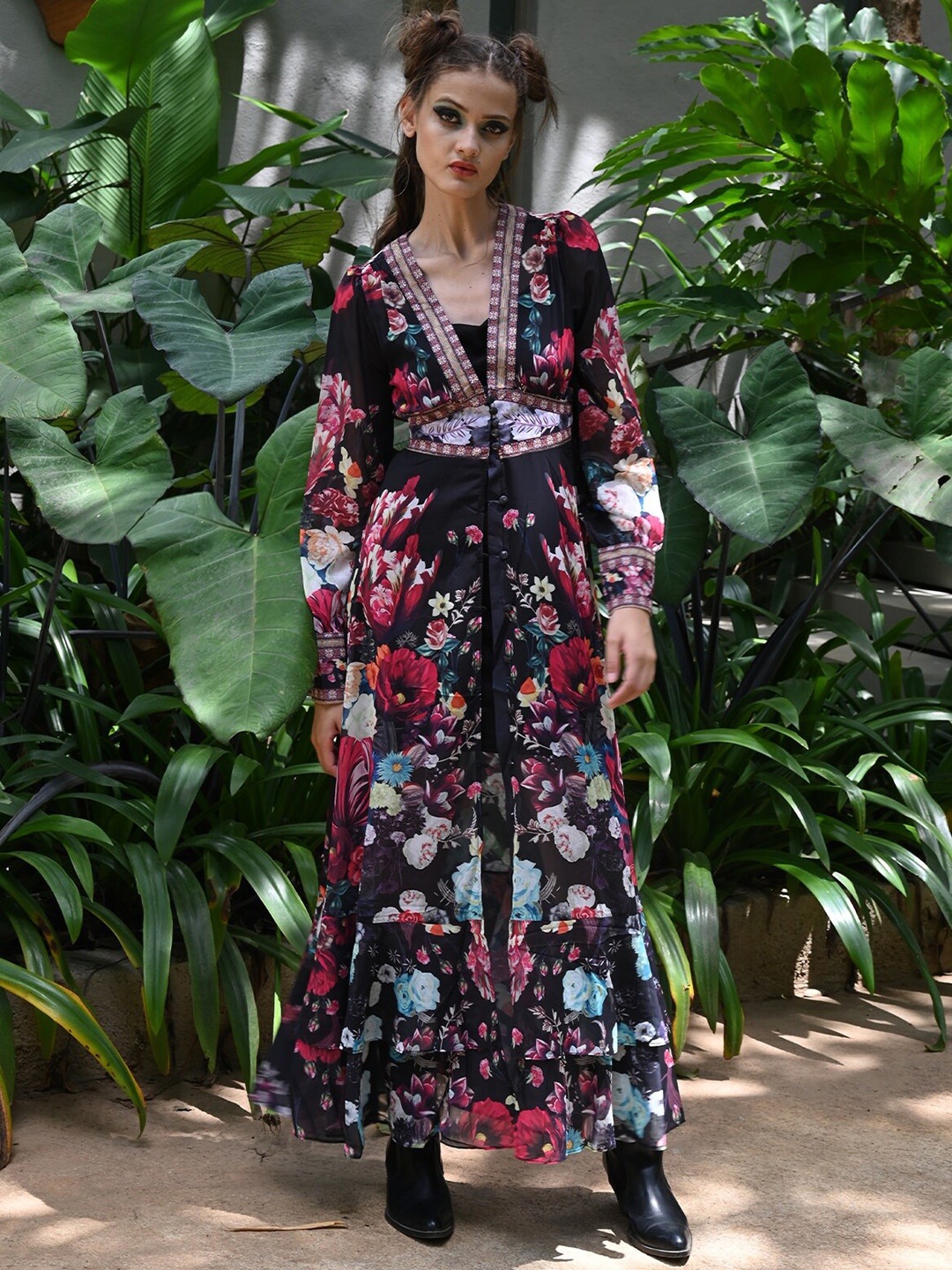 

ODETTE Floral Printed Georgette Fit and Flare Maxi Dress, Black