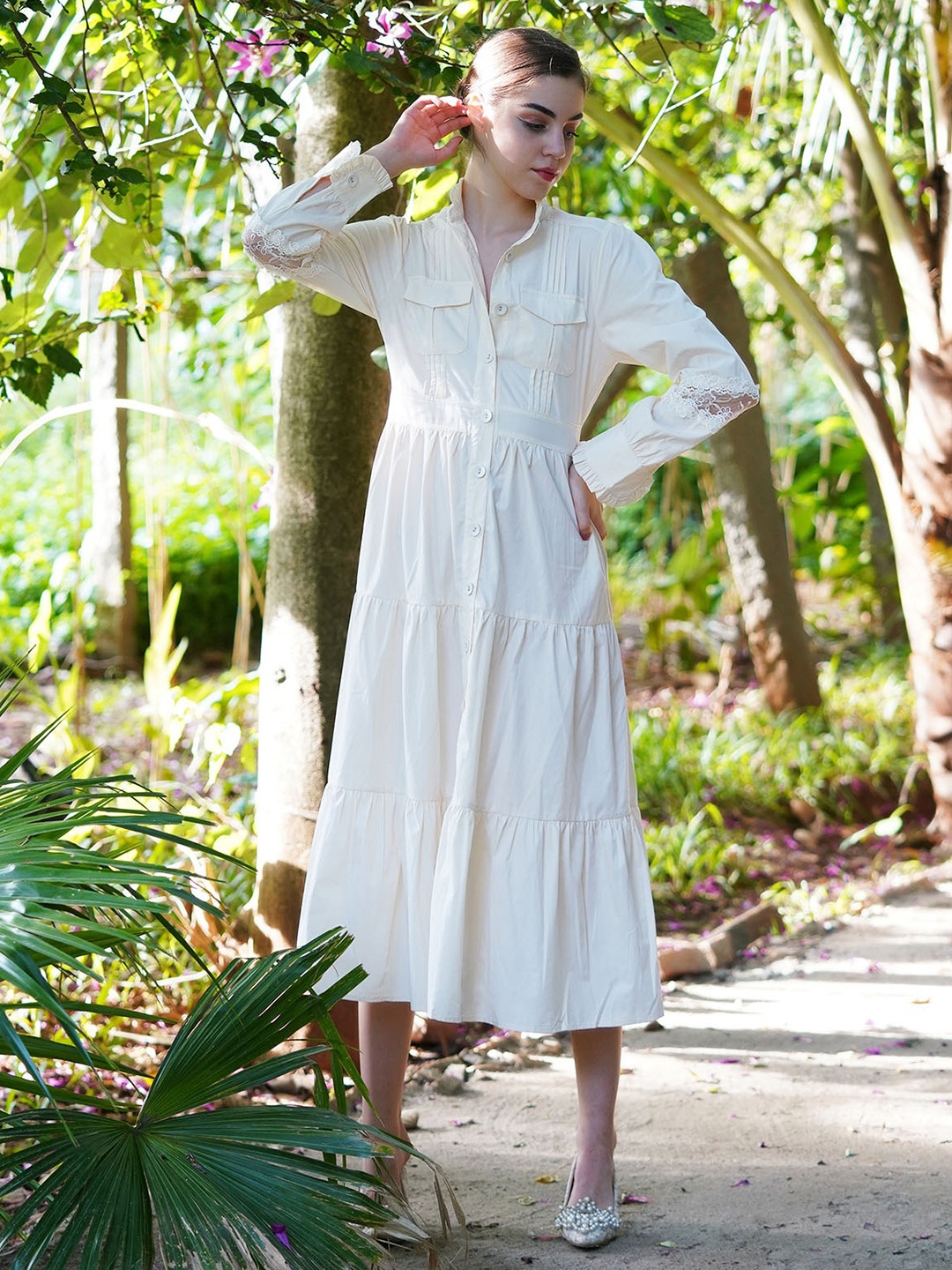 

ODETTE Shirt Collar Long Sleeves Cotton Midi Shirt Dress, White