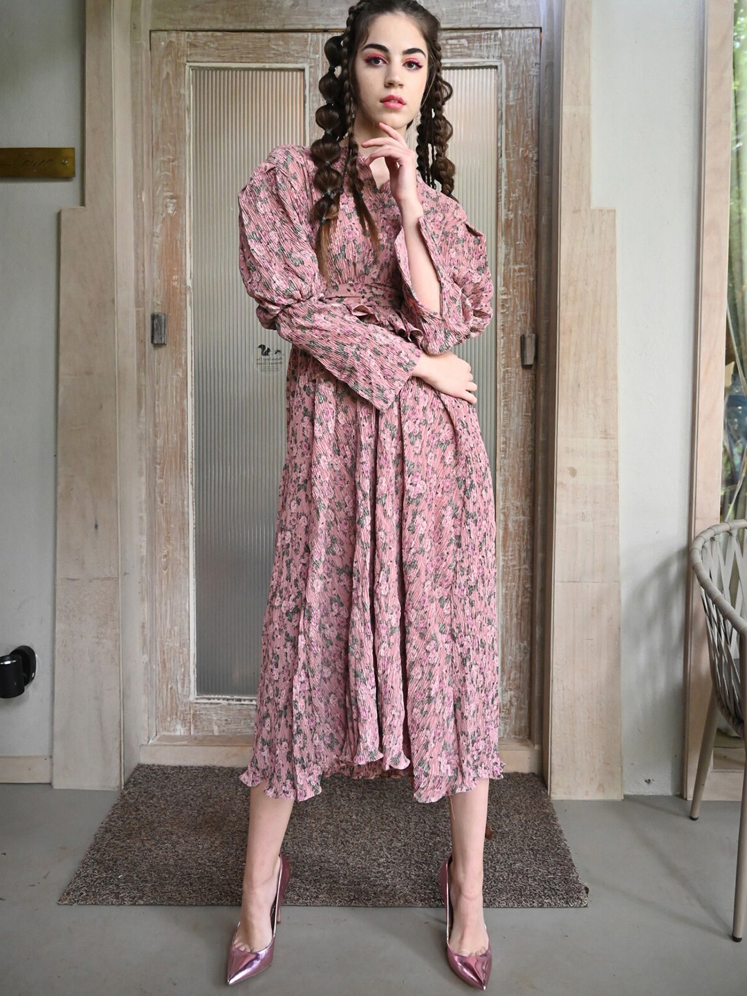 

ODETTE Floral Printed Puff Sleeves Layered Cotton A-Line Dress, Peach