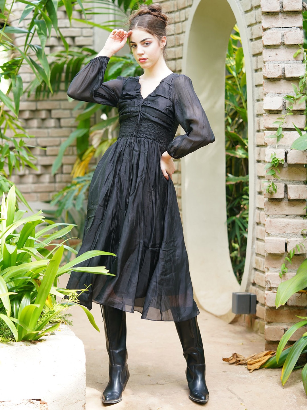 

ODETTE V-Neck Puff Sleeves Crepe Fit & Flare Midi Dress, Black