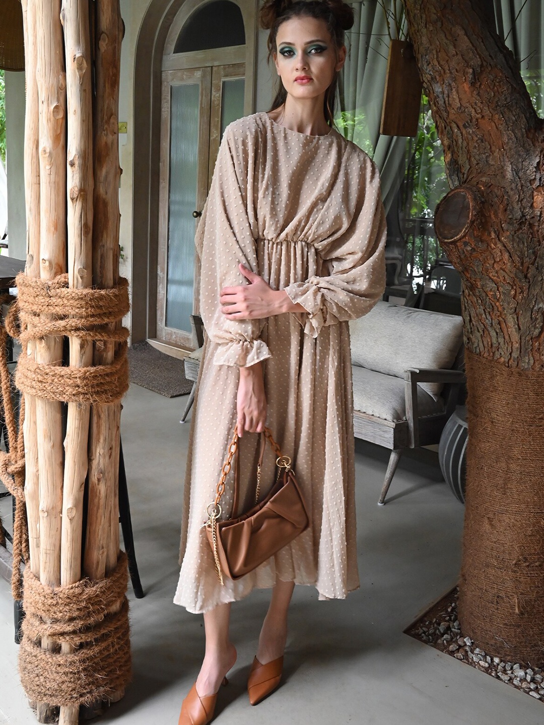 

ODETTE Self Design Puff Sleeve Crepe Maxi Dress, Beige